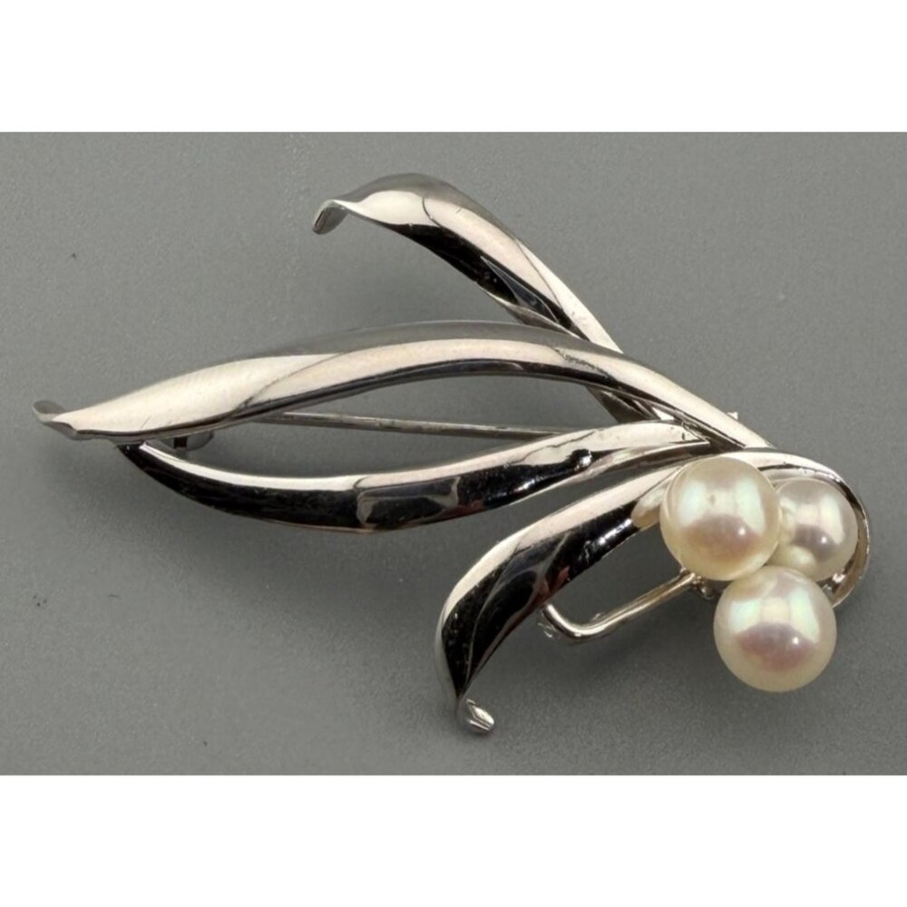 Vintage Mikimoto Brooch Cultured Pearl Sterling Silver Signed NHK Japan